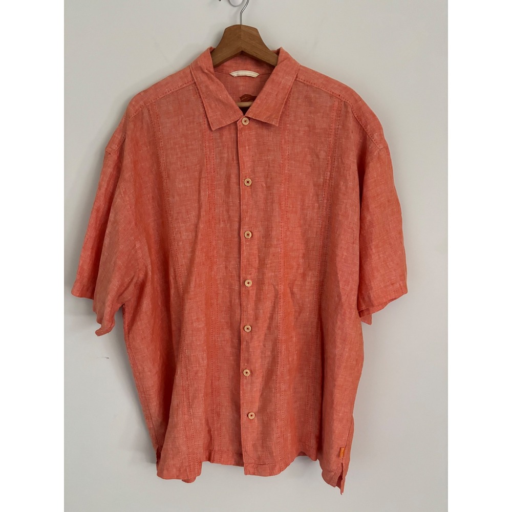 Tommy Bahama Mens XXL Coral Orange 100% Linen Short Sleeve Shirt vacation costal